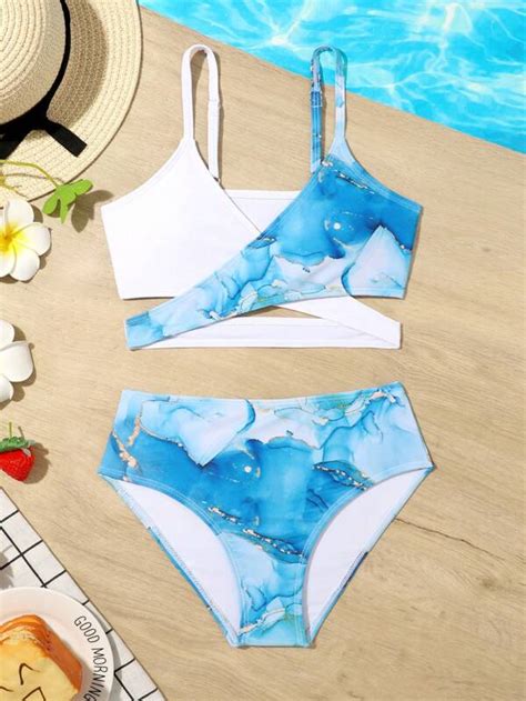 Tween Girl Marble Print Wrap Bikini Swimsuit SHEIN UK