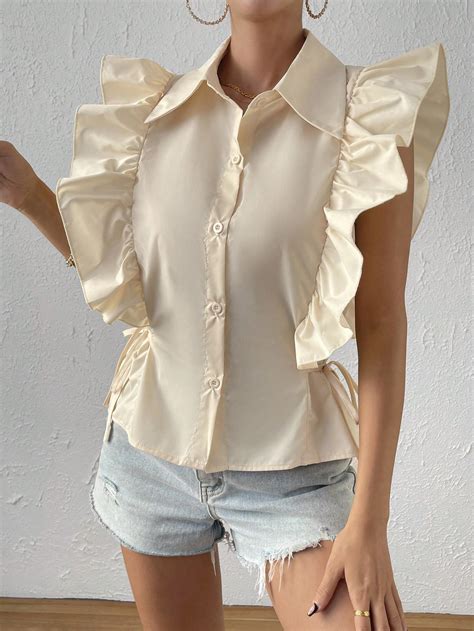 Shein Privé Knot Side Ruffle Trim Button Front Shirt Shein Usa