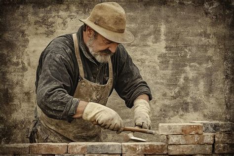 Historic Bricklayer Using Vintage Tools In Action Premium Ai