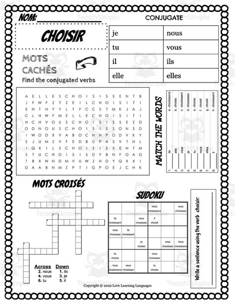 French: CHOISIR Conjugation Worksheet by Teach Simple