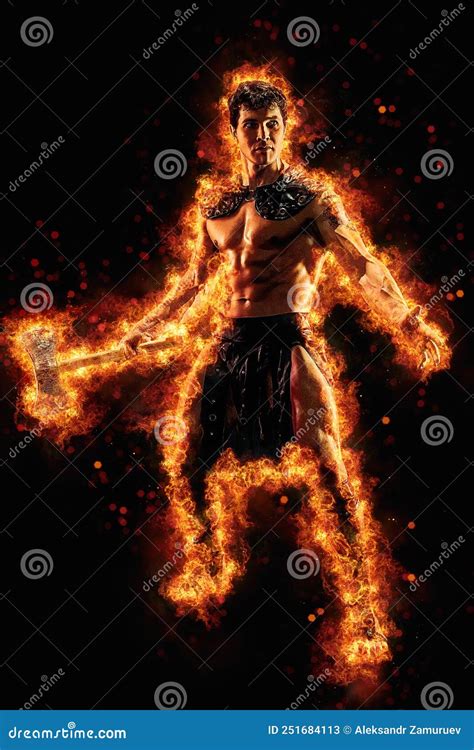 Full Size Of Burning Viking With Naked Torso Who Posing Holding Axe In Dark Studio Background