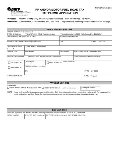 Form MCTS 271 Virginia IRP And Or Fuel Trip Permit Application For