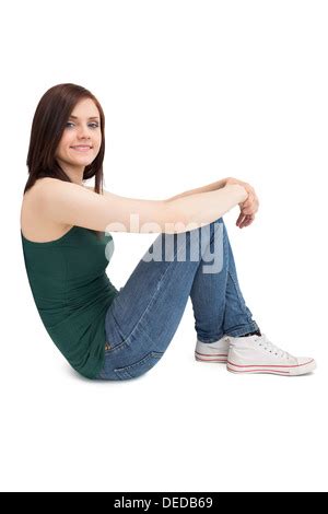 Cheerful Cute Brunette Sitting On Couch Holding Mug Stock Photo Alamy