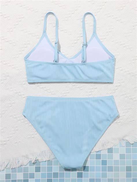 Conjunto de bikini acanalado liso para niña preadolescente para playa de verano Mode de Mujer