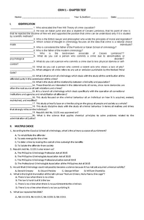 CRIM 1 - Prelim Chapter TEST - CRIM 1 – CHAPTER TEST Name