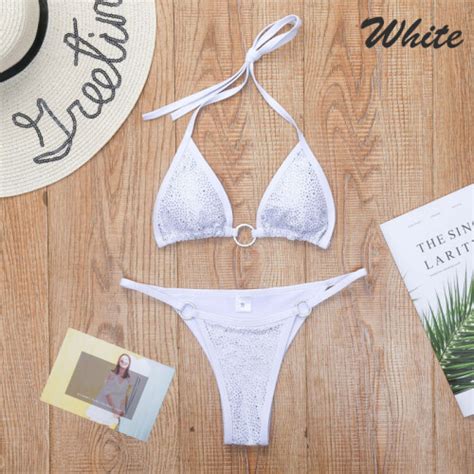 Women Bikini Set Bling Rhinestone Sliver Crystal Diamond Sexy Swimsuit Halter Push Up Bandage