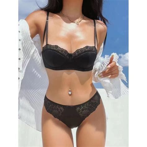 ENSEMBLE LINGERIE Femme Dentelle A Mode Sexy Polyvalente Couleur Unie Confortable Respirante