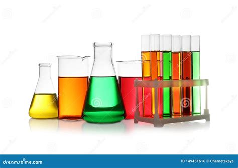 Set Of Different Lab Glassware With Color Liquid Isolated Stock Photo