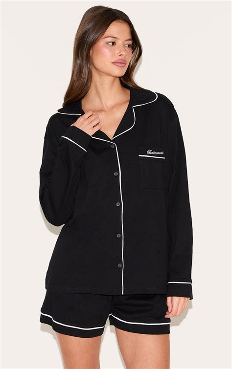 Ensemble De Pyjama Court En Noir Brodé Bridesmaid À Lisérés Contrastants Lingerie Pyjamas