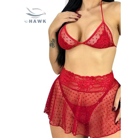 Conjunto Sexy Lingerie Feminino Sensual Fantasia Trio Saia Tule Sutiã Renda Calcinha Fio