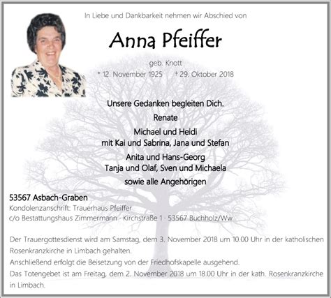 Traueranzeigen Von Anna Pfeiffer Rz Trauer De