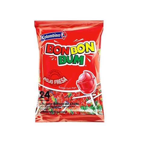 BON BON BUM Chupeta Sabor Fresa COLOMBINA 408 Grs 24 Unidades Bon