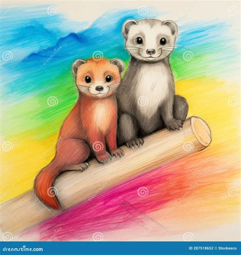 Colorful Ferret Art Pencil Sketch Of Two Playful Ferrets Stock
