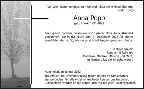 Traueranzeigen Von Anna Popp Nordbayerischer Kurier