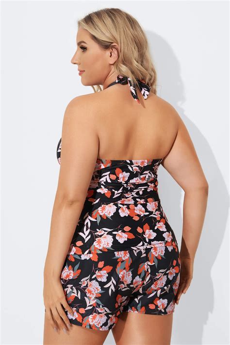 Floral Printed Self Tie Halter Shirred Tankini Set Meetcurve Meetcurve