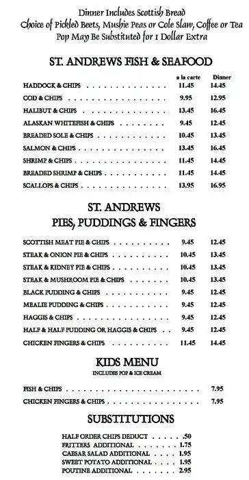 Menu At St Andrews Fish And Chips Restaurant Toronto