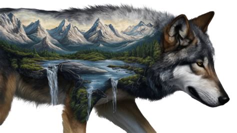 Ilustraci N De Doble Exposici N De Paisaje De Lobo Y Monta As Png