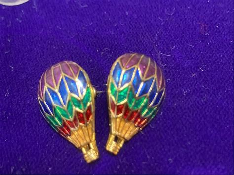 Vintage Enamel Hot Air Balloon Pierced Earrings Hot Gem