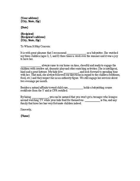 Reference Letter For Babysitter Sample