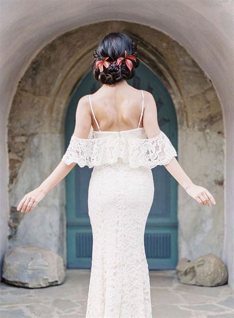 Mexican Inspired Wedding Dress With Beautiful Lace And Crimson Flowers