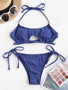 ZAFUL Halter Ribbed Cutout Tie Skimpy Bikini Swimwear In DEEP BLUE ZAFUL