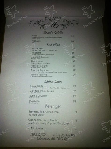 Menu at Enzo's restaurant, Edmonton, 76 Ave NW