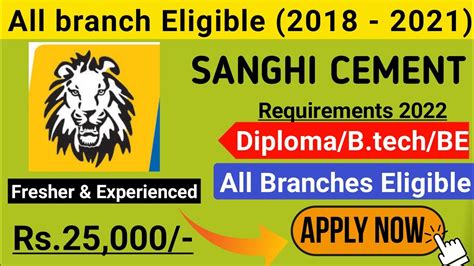 SANGHI Cement Requirements 2022 Fresher Eligible Diploma B Tech