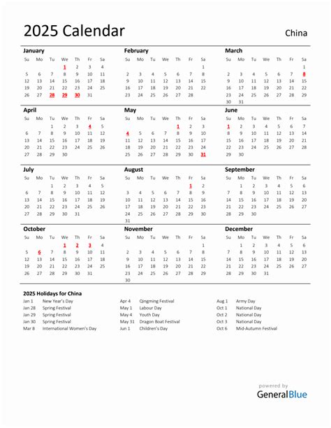 Standard Holiday Calendar for 2025 with China Holidays