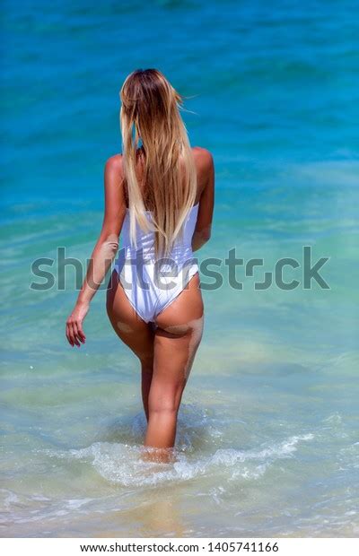 Sexy Slim Woman White Bikini Walking Stock Photo 1405741166 Shutterstock