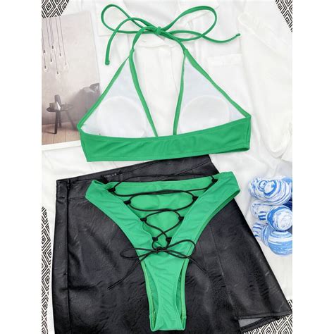 Green Bikini Lace Up Sexy Swimwear Women High Waisted Bikini Set