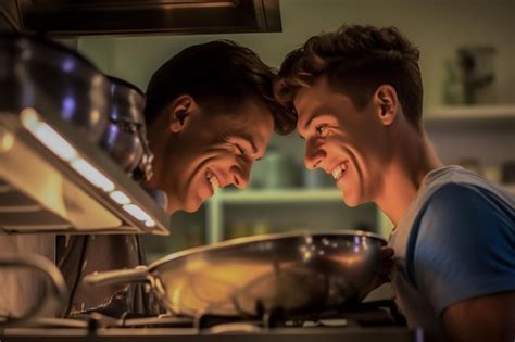 Feliz Y Sexy Pareja Gay Joven Cocinando Comida Juntos En Casa Foto Premium