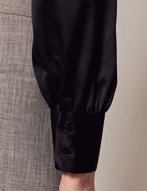 Women S Black Fitted Satin Blouse Pussy Bow