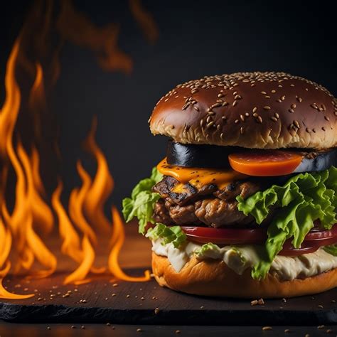 Premium AI Image | burger in flames Burger in fire flames smash burger ...