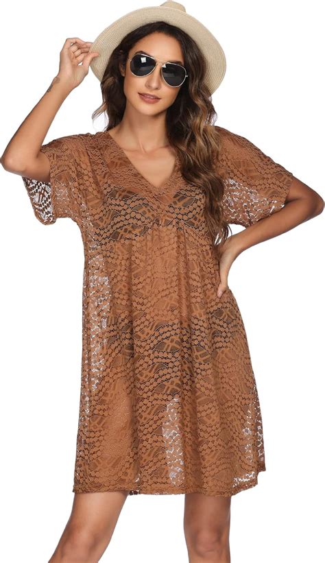 Ekouaer Women Solid Color Short Beach Kimono Bikini Swimsuit Cover Up Brown Amazon De Fashion