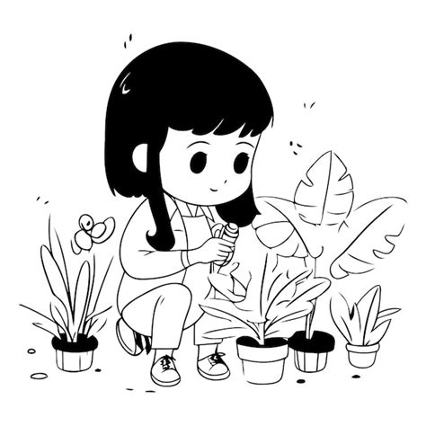 Ilustración de una niña cuidando las plantas de interior Vector Premium