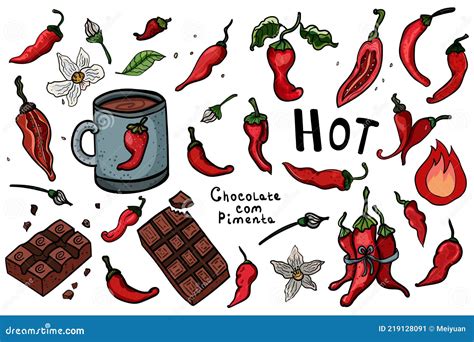 Pack Red Hot Chili Pepper Set Isolated Doodles Vegetarian Cuisine Botanical Illustration Of