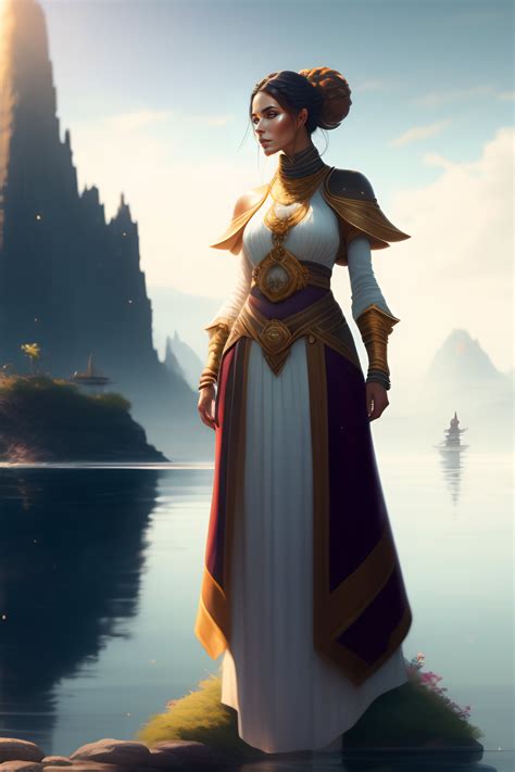 Lexica - Full body corina kopf standing on a floating island with many