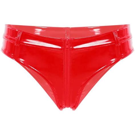 Iixpin Femme Slip Sexy Ouvert Entrejambe Cuir Verni String Zippé Lingerie Erotique Wetlook