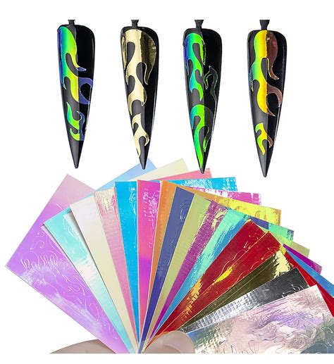 16 шт., наклейки, голографическое искусство ногтей, наклейки, пламя ...