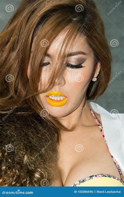 Pretty Asian Woman In Yellow Bikini Posing Stock Photo Image Of Charming Beauty 102086696