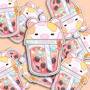 Cow Bubble Tea Stickers Cute Cow Boba Milk Tea Sticker Fruit Cow Boba