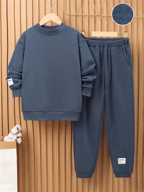 Shein Tween Boy Letter Patched Thermal Lined Pullover Sweatpants