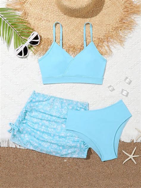 Tween Girl Solid Bikini Set With Ditsy Floral Beach Skirt Summer Beach
