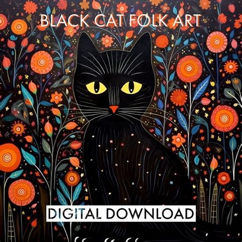 Printable Black Cat Folk Art Halloween Folk Art Autumn Etsy