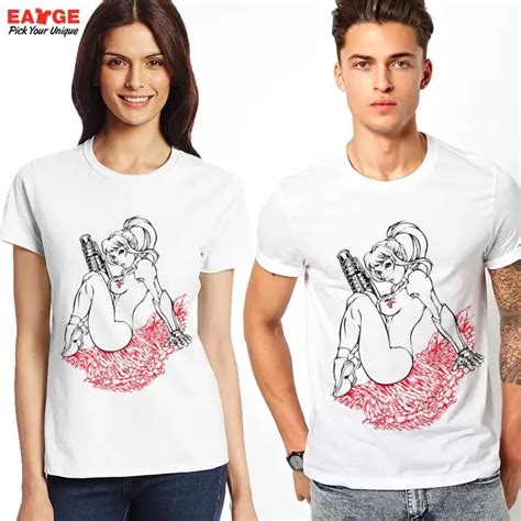 EATGE Fashion Nude Design T Shirt Girl Blue Eye Hold Gun Sit On Red Skeleton T Shirt Printed