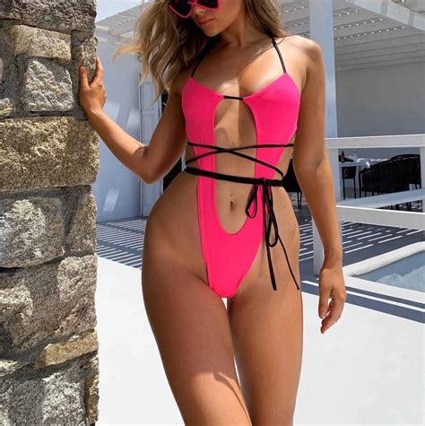 Sexy Halter Sling Thongs Leotard Swimming Costume Swimsuit High Cut One Piece Bikini Wyz14379