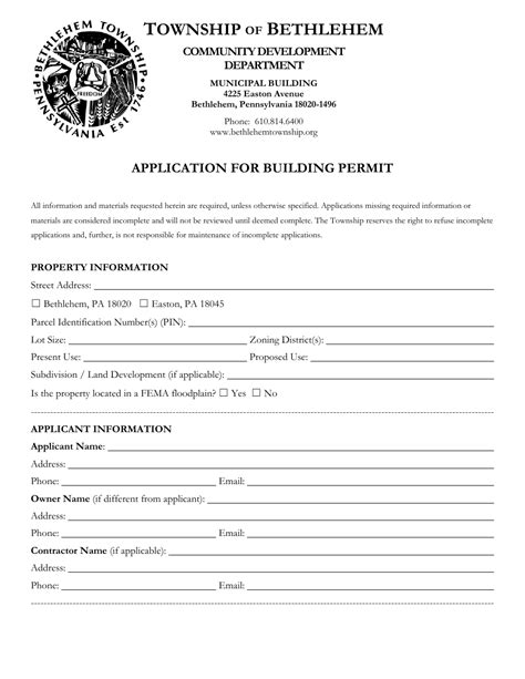 Bethlehem Township Pennsylvania Application For Building Permit Fill