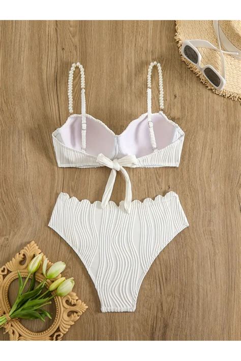 NeednStore Kadın Beyaz Deniz Kabuğu Tasarım İnci Askılı Pileli Bikini