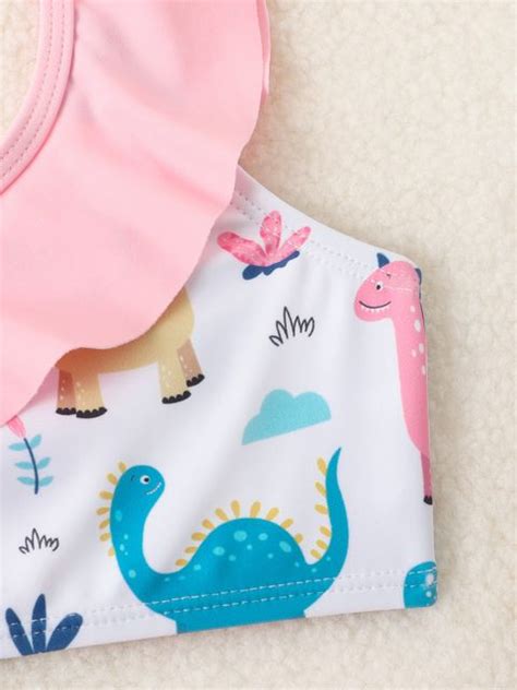 Girls Cartoon Dinosaur Ruffle Trim Asymmetrical Neck Ruffle Hem Bikini