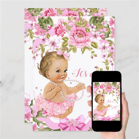 Sweet Pink Floral Baby Shower Girl Blonde Tutu Invitation Zazzle